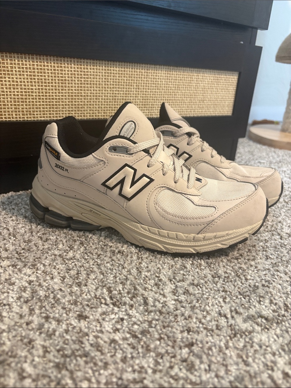 New Balance 2002R Beige and Black Athletic Sneakers